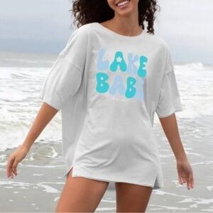 NWOT Simply Southern “Lake Babe” Oversized Boxy Gray Teal 100% Cotton T-shirt XS